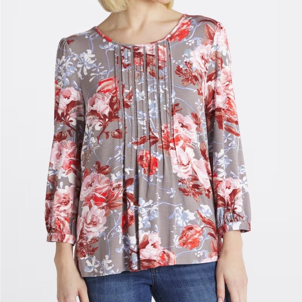 Daniel Rainn - Branwen Pleated Knit Top. Blouse. Shirt. Size XL. Grey floral